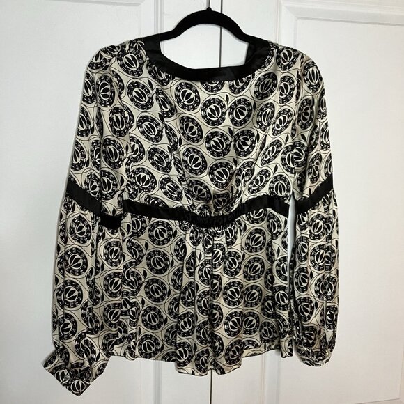 Y2K Max Studio Silk Blouse Womens M Black White Geometric Whimsigoth Fairy - Picture 5 of 8